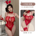 九里晴川情趣内衣深V交叉绑带蕾丝花边魅力性感连体兔女郎套装 九里晴川LT022【开裆兔女郎套装-红】 均码