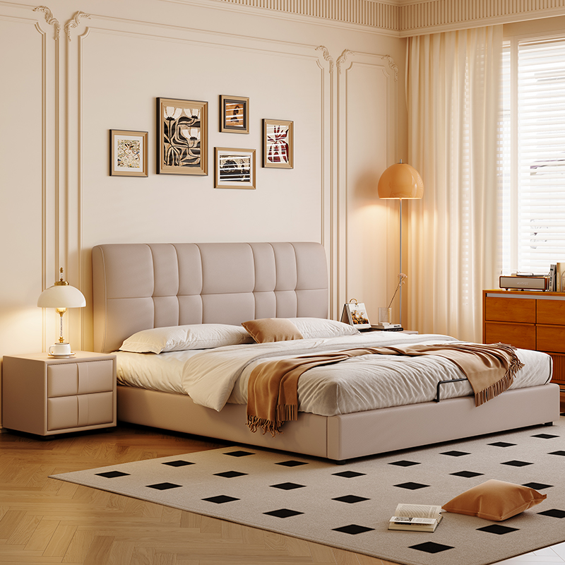 景山百岁 现代简约真皮床 意式双人主卧大床 北欧轻奢网红ins储物软包大床 舒适实用（多色可选 拍下请备注）高清大图