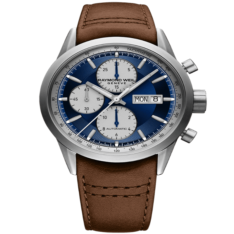 蕾蒙威raymond weil瑞士手表自由骑士系列蓝盘牛皮表带自动机械男表