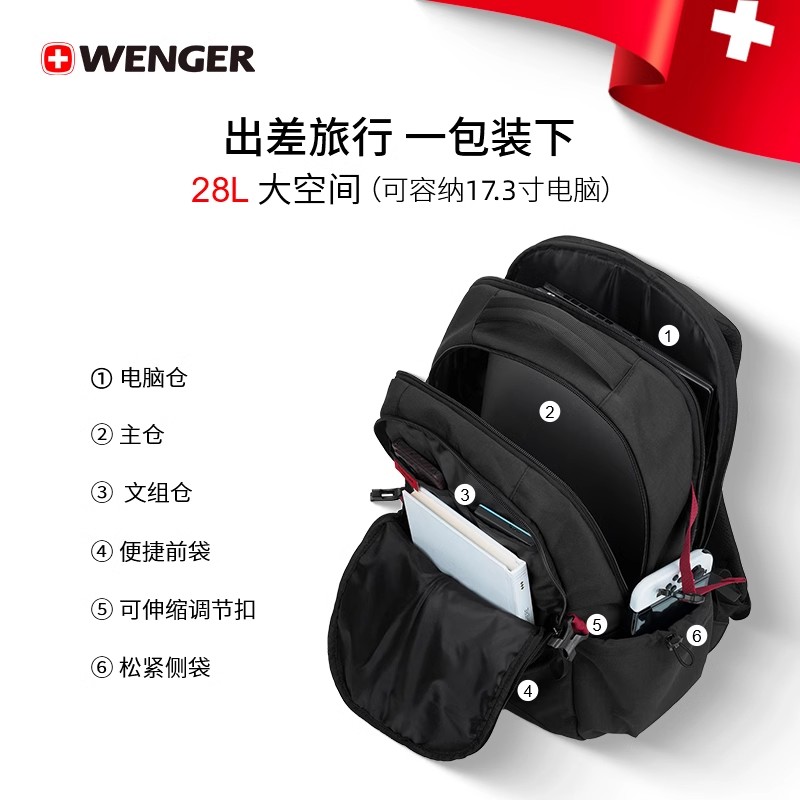 威戈Wenger商务双肩包笔记本电脑 17.3英寸超大容量防泼水 S868309048高清大图