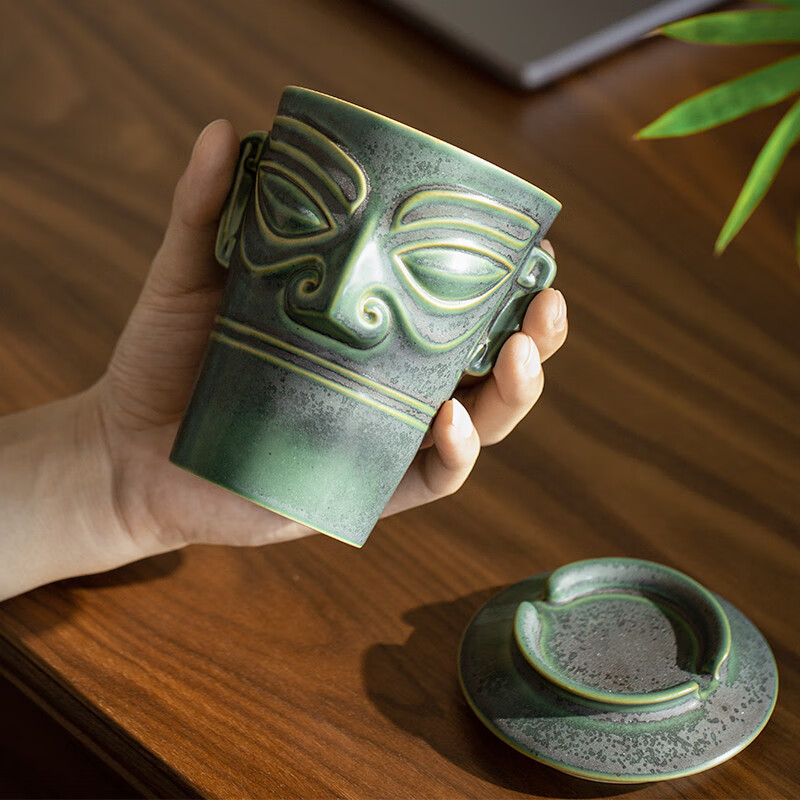 万仟堂(Edenus)茶杯 陶瓷高档办公室泡茶杯功夫茶杯 送礼家用水杯 三星堆联名 绿斑釉(400cc)
