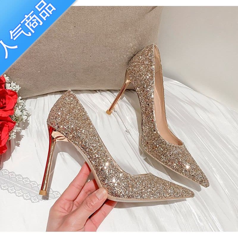 SUNTEK2023年新款秀禾主婚纱单鞋新娘水晶配晚礼服细跟婚鞋尖头高跟鞋女图片