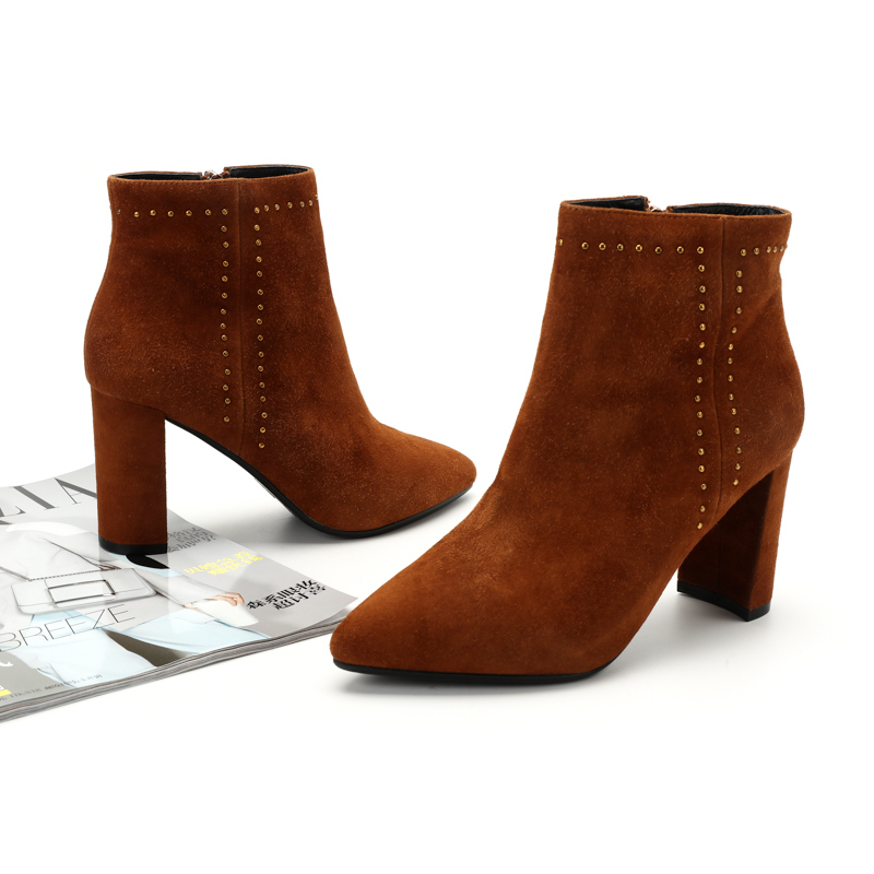 红蜻蜓新款女士羊绒气质短靴尖头粗跟欧美风女靴专柜正品c87425