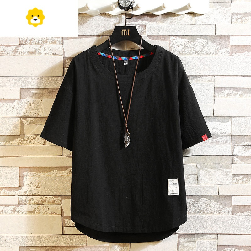 fishbasket棉麻短袖t恤男装季半袖宽松上衣服休闲潮流大码亚麻薄款体