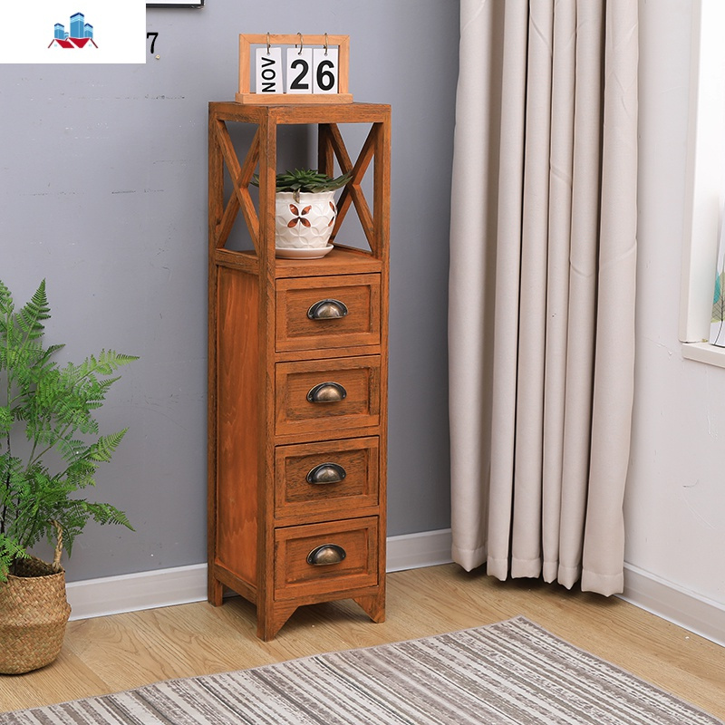 美式实木斗柜迷你复古床头柜卧室窄柜收纳柜边角柜置物花架小柜子泰