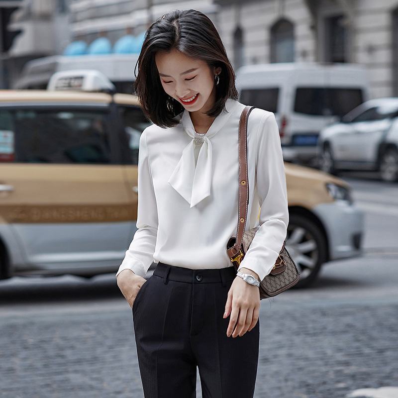 女先生女士衬衫 2020秋季新款白色衬衫打结新款宽松复古港味职业装