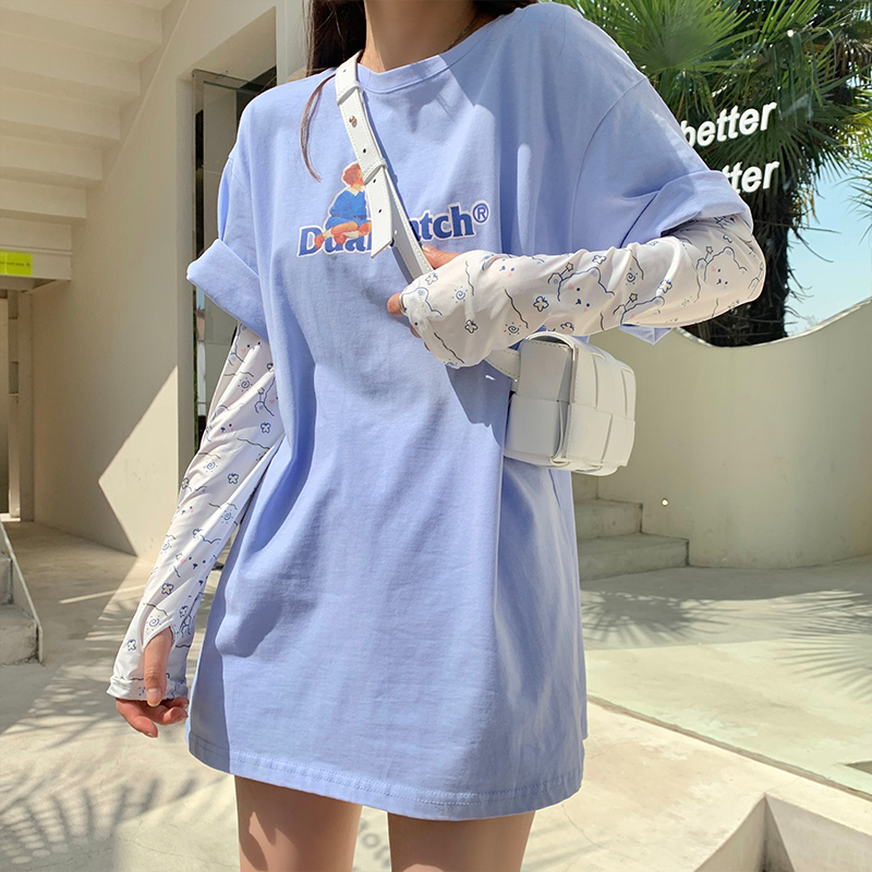 卡通手套冰袖开车防晒女ins潮百搭夏季薄款冰丝护臂袖套新款2021 小清新太阳小熊(金属扣调节绳) 适合80-150斤