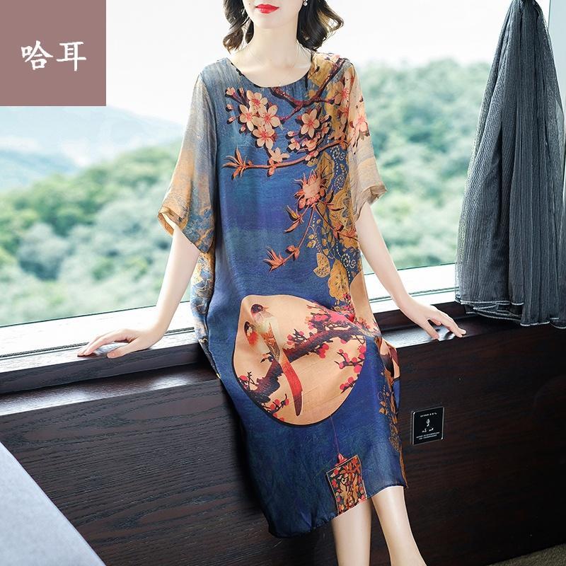 女长款连衣群香云纱连衣裙夏2019新款大码女装中年高贵妈妈装中长裙原创连衣裙 2019年秋季中老年妇女连衣裙