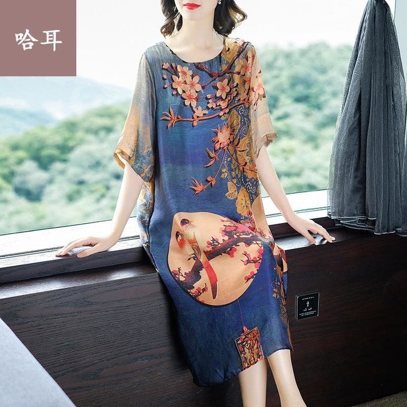 女长款连衣群香云纱连衣裙夏2019新款大码女装中年高贵妈妈装中长裙原创连衣裙 2019年秋季中老年妇女连衣裙图片