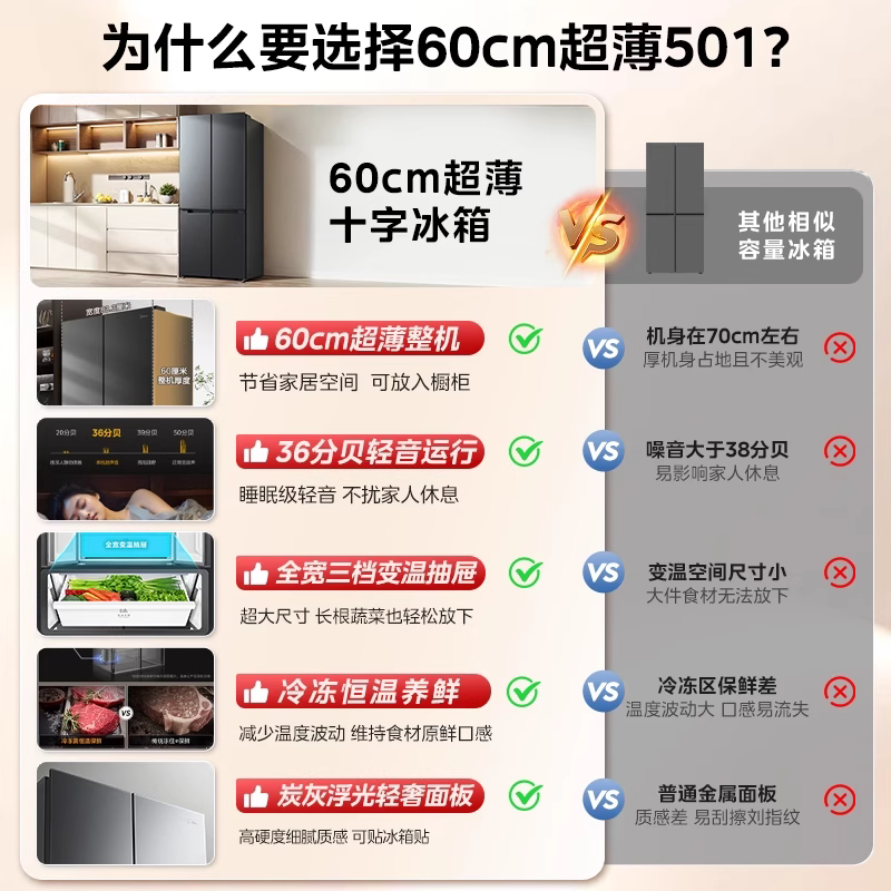 美的新品501L十字双开四门大容量家用电冰箱官方一级超薄风冷无霜高清大图