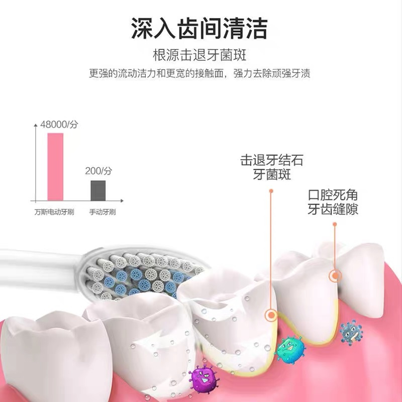 worms电动牙刷成人家用软毛超声波防水美白全自动网红款情侣牙刷 女王粉六档位充电款 配(原装6刷头+USB线)