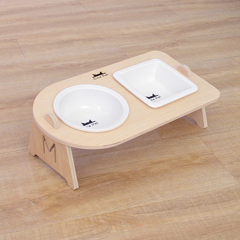 宠物餐桌斜口保护颈椎陶瓷猫碗猫咪食盆狗饭碗猫粮双碗狗狗碗用品 陶瓷双碗(方+圆)+餐桌架 适用猫咪或小型犬