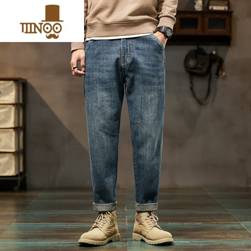 YANXU直筒牛仔裤男士美式复古潮牌宽松大码工装九分休闲长裤子2023高清大图