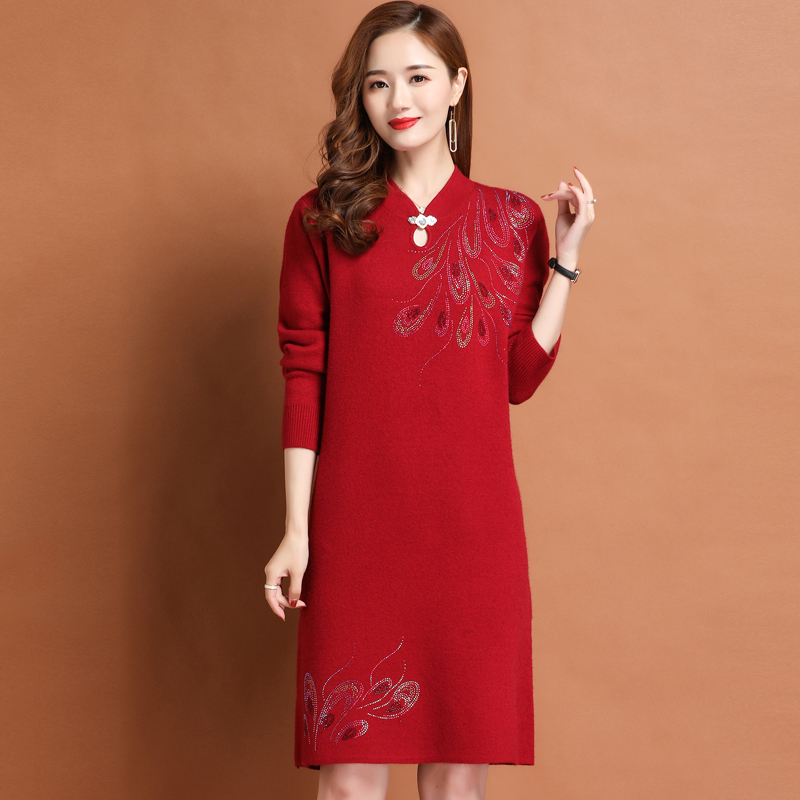 加厚新中式国风改良旗袍包臀长裙子女春秋大码收腰针织打底羊绒连衣裙红色旗袍裙气质长款复古高级感敬酒服连衣裙 902酒红 2XL