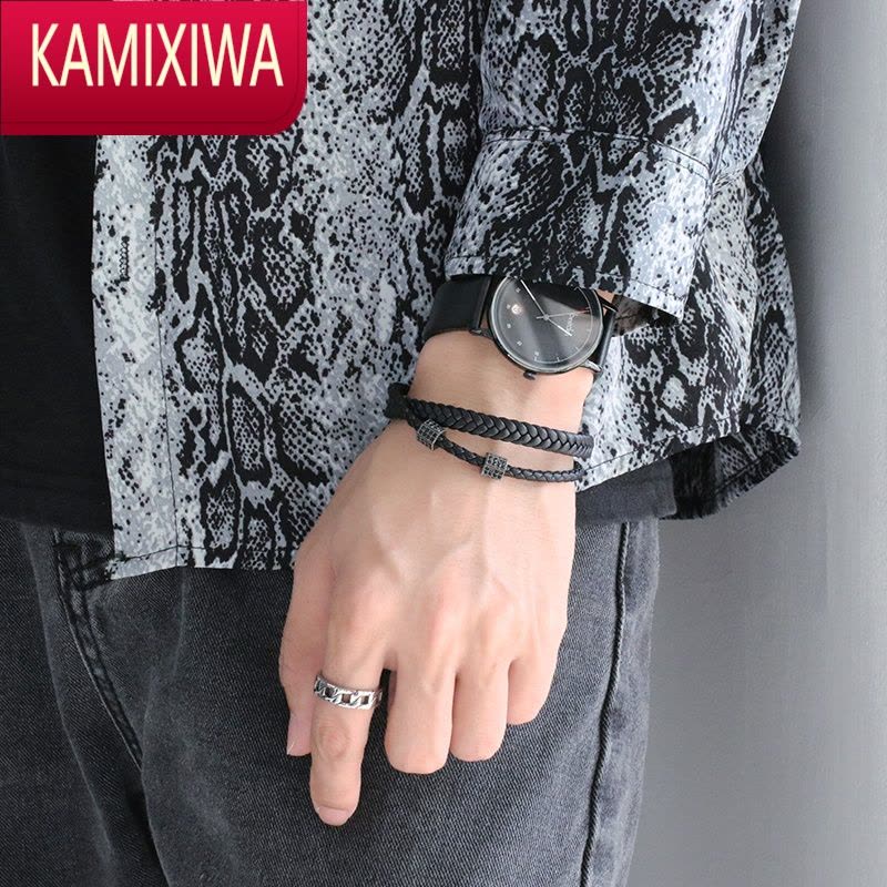 KAMIXIWA小众设计高级感黑色皮质编织手绳男女学生日韩土酷嘻哈