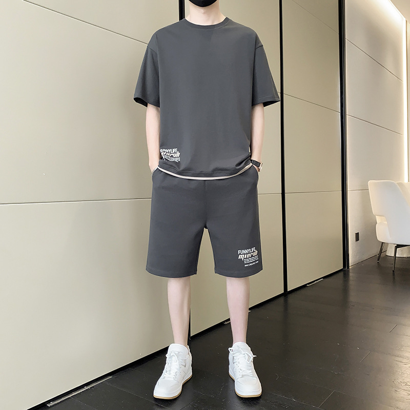 啄木鸟冰丝套装男士夏季薄款运动短袖t恤一套搭配五分休闲短裤男 0851深灰 3XL155-180斤可穿