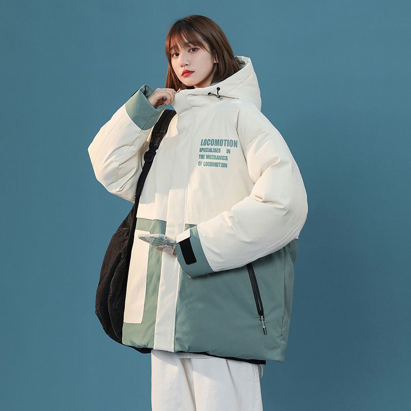DEBRAND棉衣女2021年新款秋冬季加厚宽松拼接色印花连帽工装外套