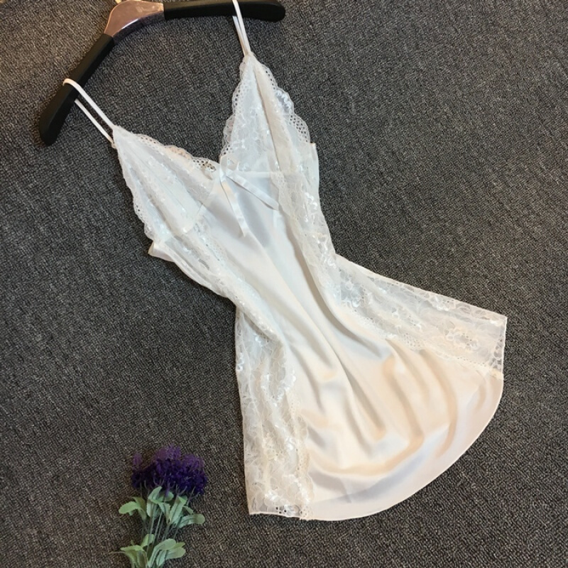 夏季带睡裙女款仿真丝质性感黑色蕾丝睡衣薄款短裙