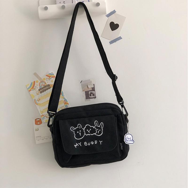 斜挎包帆布女ins简约百搭日系学生夏季少女软妹时尚单肩小包可爱 黑色