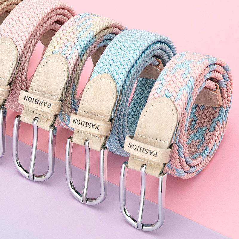 啄木鸟皮带女士2025新款帆布编织松紧弹力针扣学生懒人牛仔裤扣生高清大图