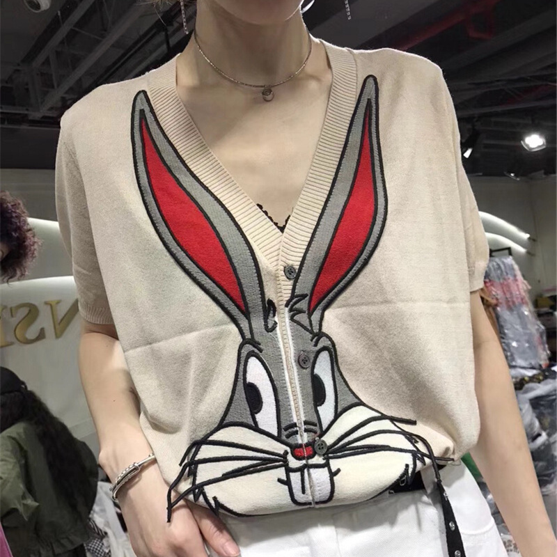 防晒冰丝针织衫夏季韩版宽松卡通兔子薄款单排纽扣开衫短袖上衣女白色刺绣兔子均码