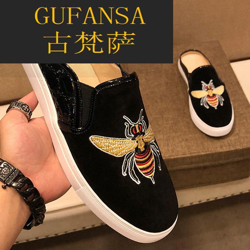 GUFANSA法国奢侈品牌 欧洲上流名士高端品牌2022夏季新款酷奇小蜜蜂半拖鞋男懒人包头无后跟皮鞋男士拖鞋外穿