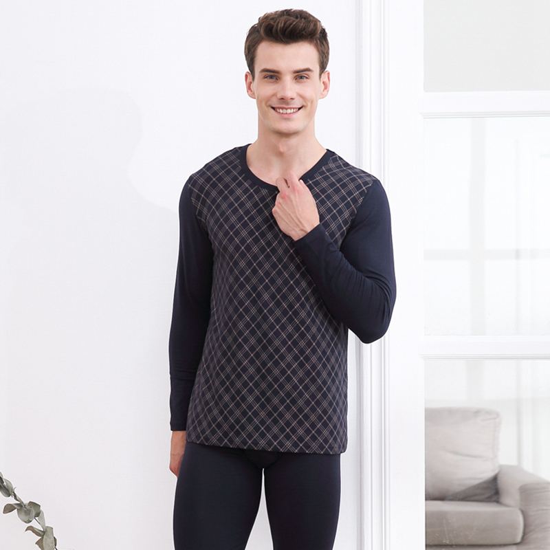 红豆居家hodohome男士棉莫混纺舒适圆领经典格纹秋衣秋裤保暖内衣套装