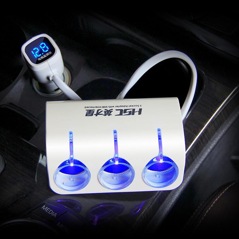 英才星 12v24V通用车载充电器 一拖三车充 双USB一分三点烟器电源