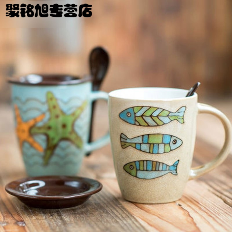 350ML时尚创意生活日用水具水杯 个性海星陶瓷水杯咖啡杯创意鱼纹马克杯子牛奶杯带盖家居器皿生活日用家庭陶瓷杯子