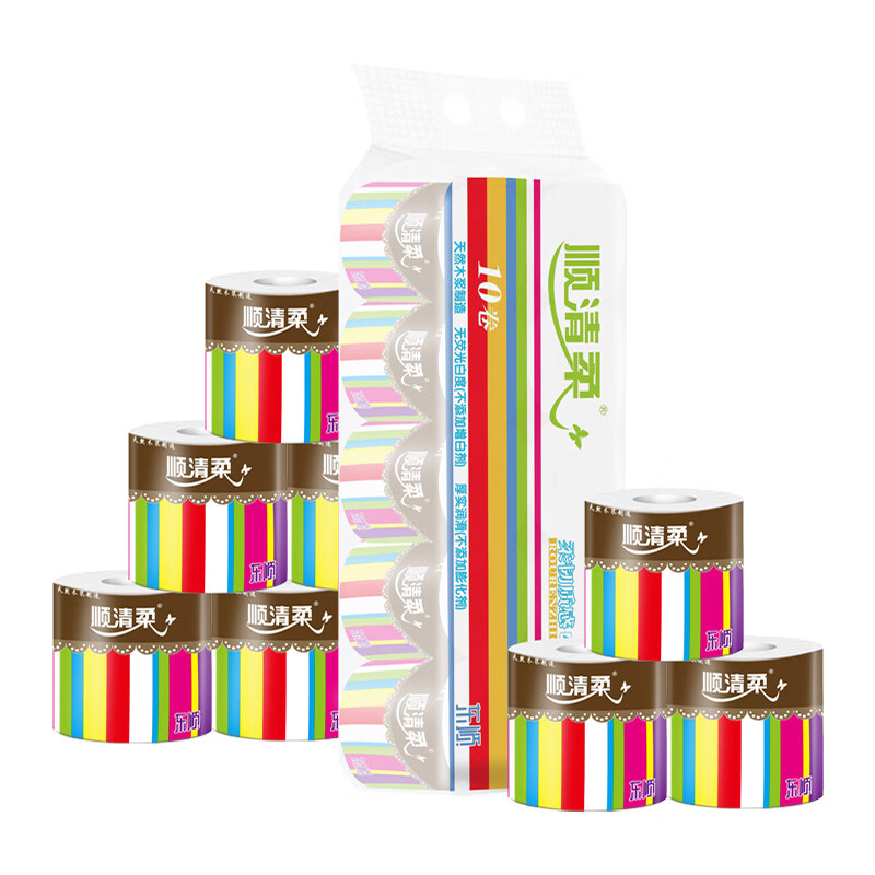 顺清柔有芯卷纸彩虹系列5层200g*10卷 冲厕易溶解卫生纸厕纸(2kg/提)