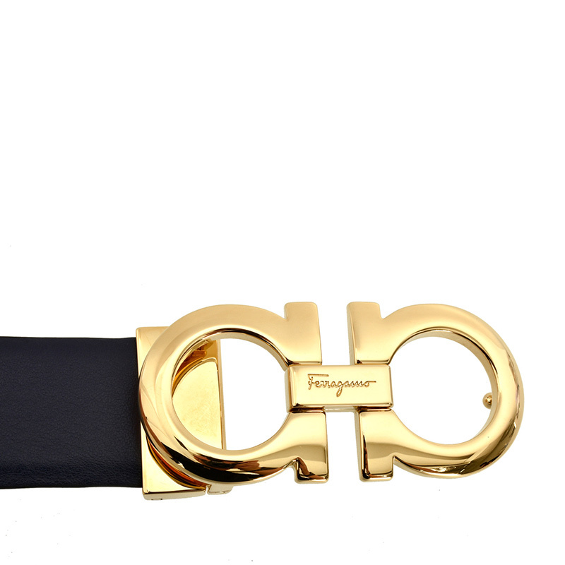 [畅享]Salvatore Ferragamo 菲拉格慕 女士深蓝色牛皮十字纹金扣双面用可调式GANCINI腰带 100