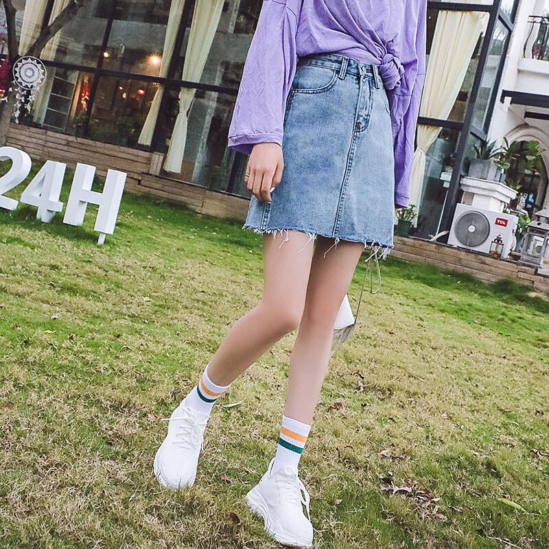 超火的半身裙牛仔短裙女夏2018新款复古高腰a字裙学生裙子蓝色