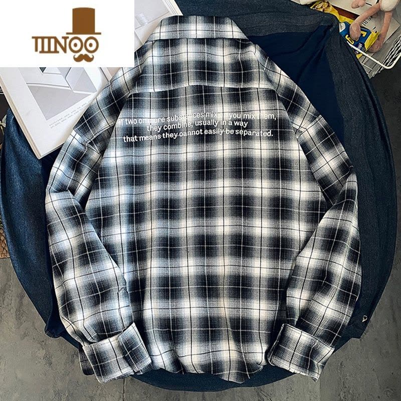 YANXU格子长袖衬衫男款潮牌日系复古衬衣男士休闲宽松百搭寸衫外套图片