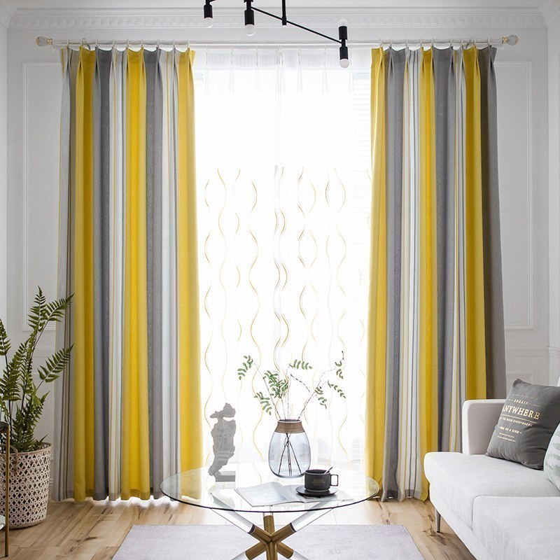 美帮汇2024新款风北欧现代简约条纹卧室客厅书房遮光窗帘布定制成品 幸运黄灰色织 宽2.0*高2.7一片挂钩（可改短）