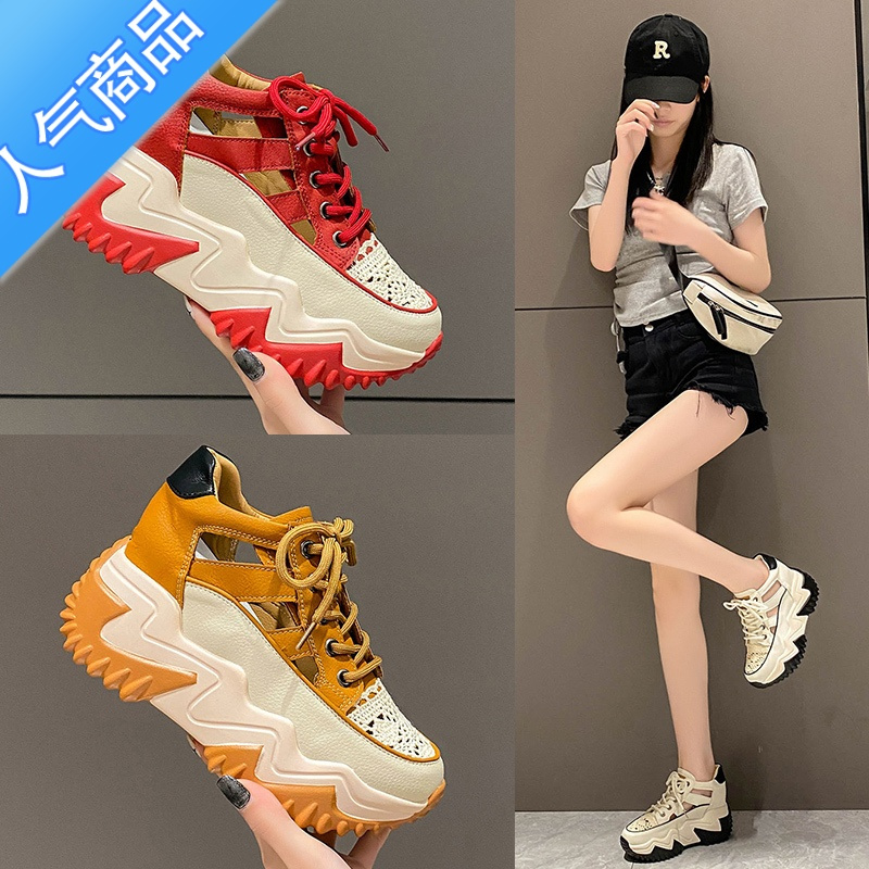 suntek包头内增高女鞋镂空凉鞋2023春夏季新款百搭厚底透气休闲鞋软底