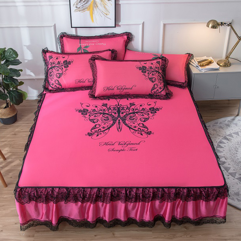 美帮汇床裙冰丝席凉席三件套1.8m床夏季可水洗折叠夏天空调软席子1.5米2 蝴蝶-玫红 1.8m（6英尺）床