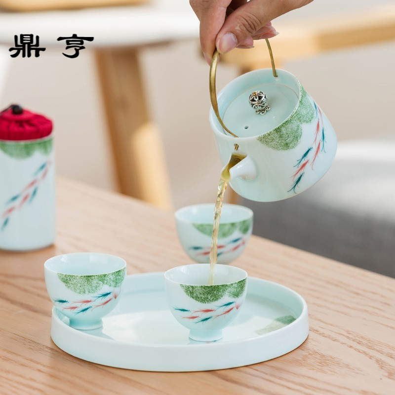鼎亨日式手绘提梁壶陶瓷茶壶简约家用办公功夫茶具礼品礼盒中秋送