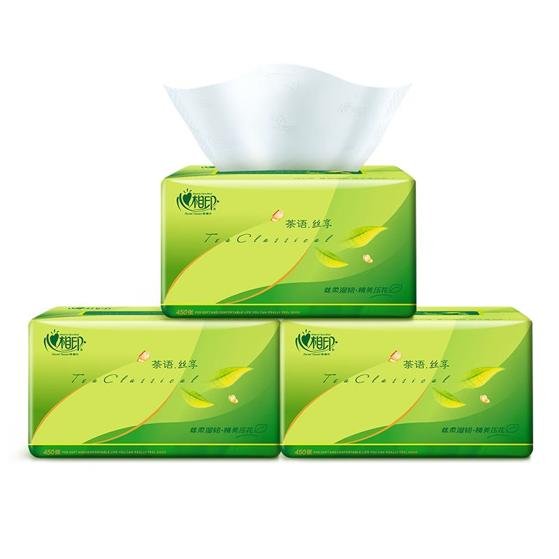 心相印 抽纸 茶语丝享系列150抽三层塑装纸面巾(M码)3包装