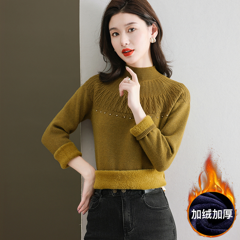 羊绒衫女半高领毛衣短款套头宽松加大码韩版加厚羊毛打底衫毛衣女春秋新款字母加厚一体加绒中年妈妈针织保暖打底衫高清大图