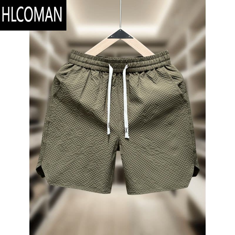 HLCOMAN欧洲站短裤发泡细格男款夏季外穿纯色五分运动裤男士沙滩大裤衩潮图片
