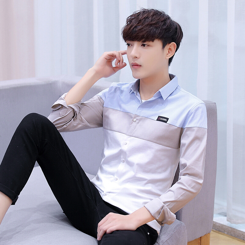 衬衫男长袖韩版修身2018春季新薄款拼接衬衣服潮流休闲帅气青少年