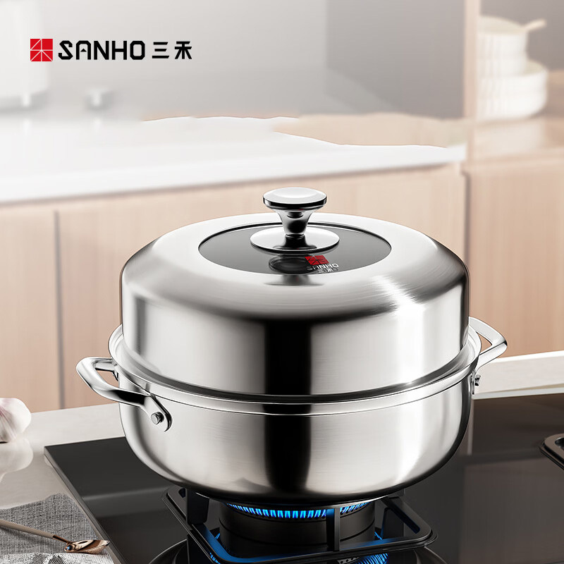 三禾蒸锅28cm易清洗上蒸下煮不锈钢蒸锅GZ28E6高清大图