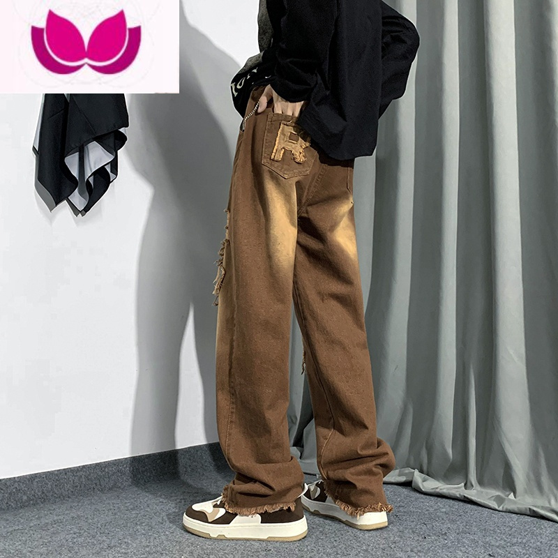 七斓美式复古棕色牛仔裤男水洗渐变破洞补丁毛边裤子潮牌高街直筒长裤