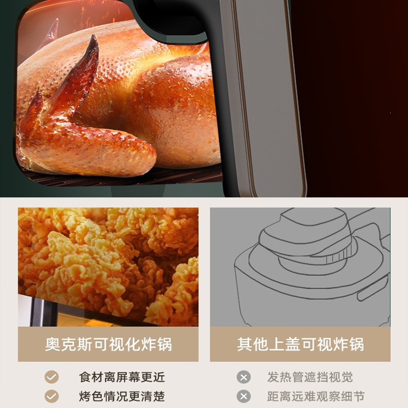 奥克斯(AUX)可视空气炸锅多功能全自动升大容量无油全家用 电炸锅机_墨绿色-5.5L-触屏款内胆可视
