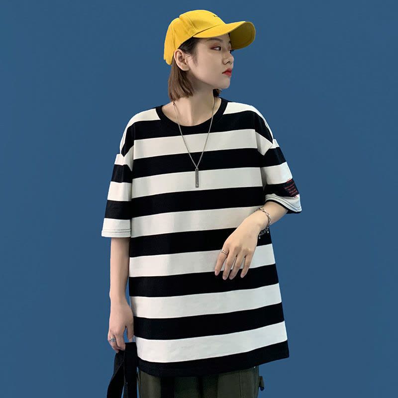 真维斯纯棉条纹短袖女2022新款港风宽松圆领上衣打底衫百搭潮流图片