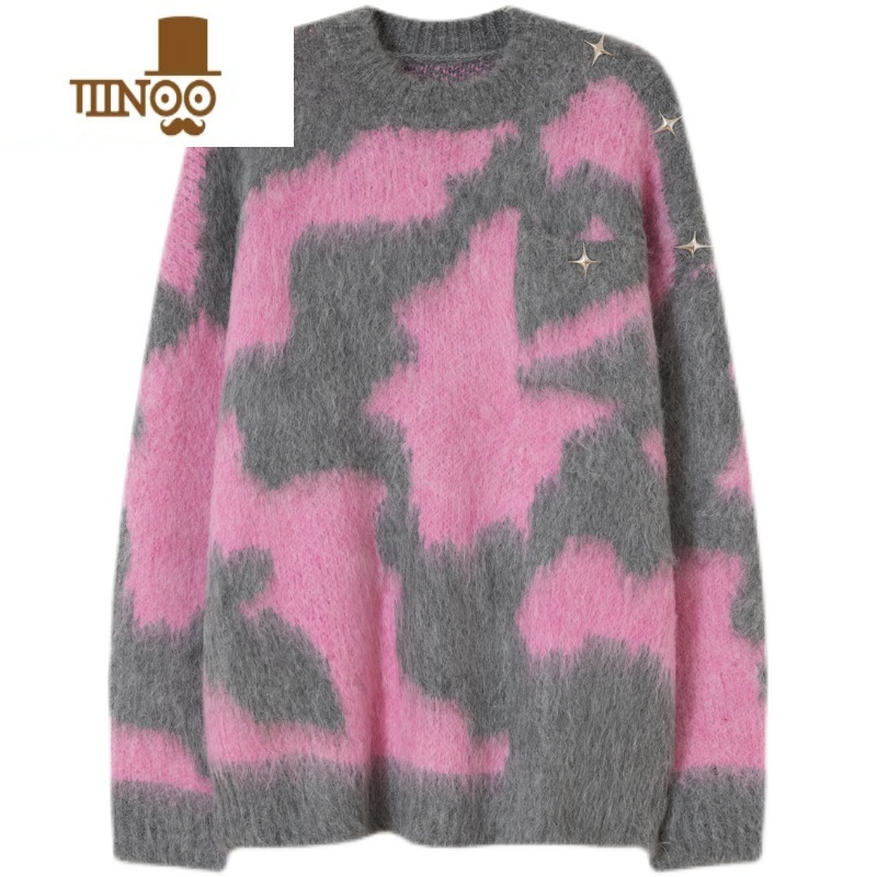 YANXU美式复古马海毛撞色毛衣男ins潮牌宽松小众设计懒惰风情侣针织情高清大图