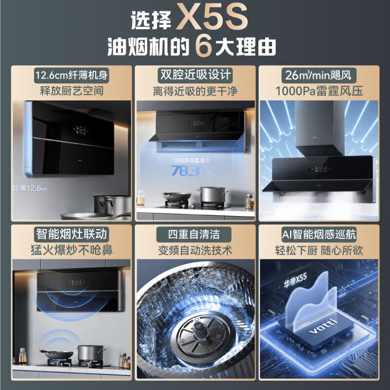 华帝(vatti)烟灶套餐超薄抽油烟机X5 pro降噪家用变频双腔近吸 26风量侧吸式X5S+79B烟灶套装(天然气)