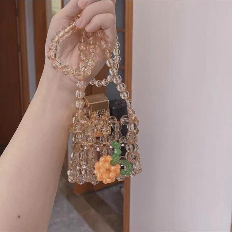 复古橘子汽水草莓串珠包 透明水晶少女亚克力串珠手工编织手提包 材料[橘子口红包]无内袋