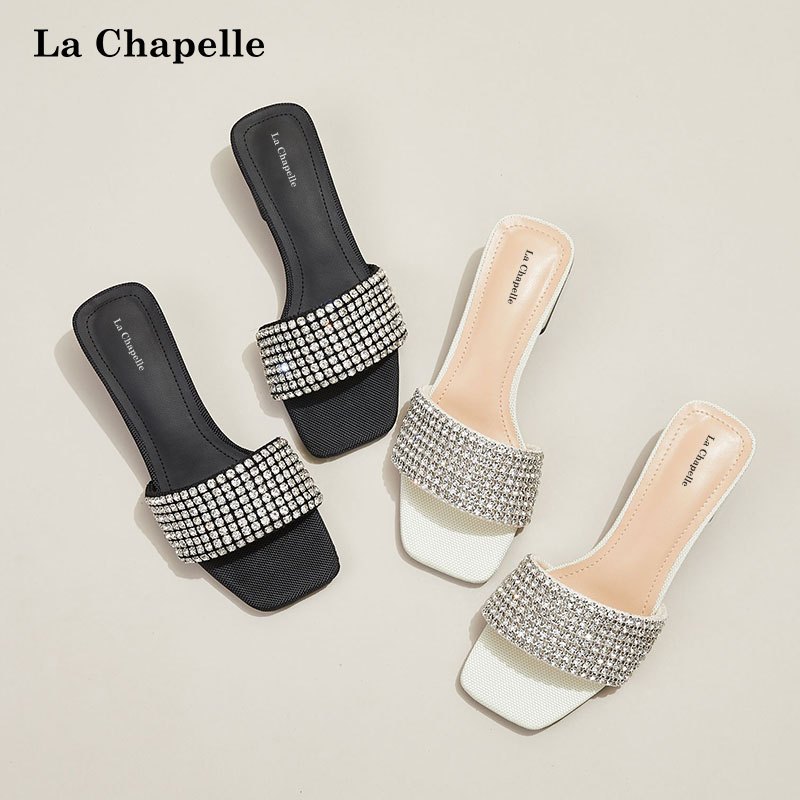 La Chapelle/拉夏贝尔新款低跟气质女鞋面水钻一字带凉拖