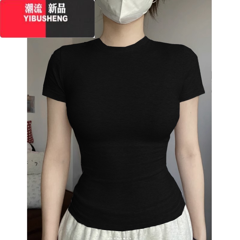 YIBUSHENG紧身短袖t恤女季2024新款圆领内搭茶艺风显身材纯欲正肩上衣 黑色 M